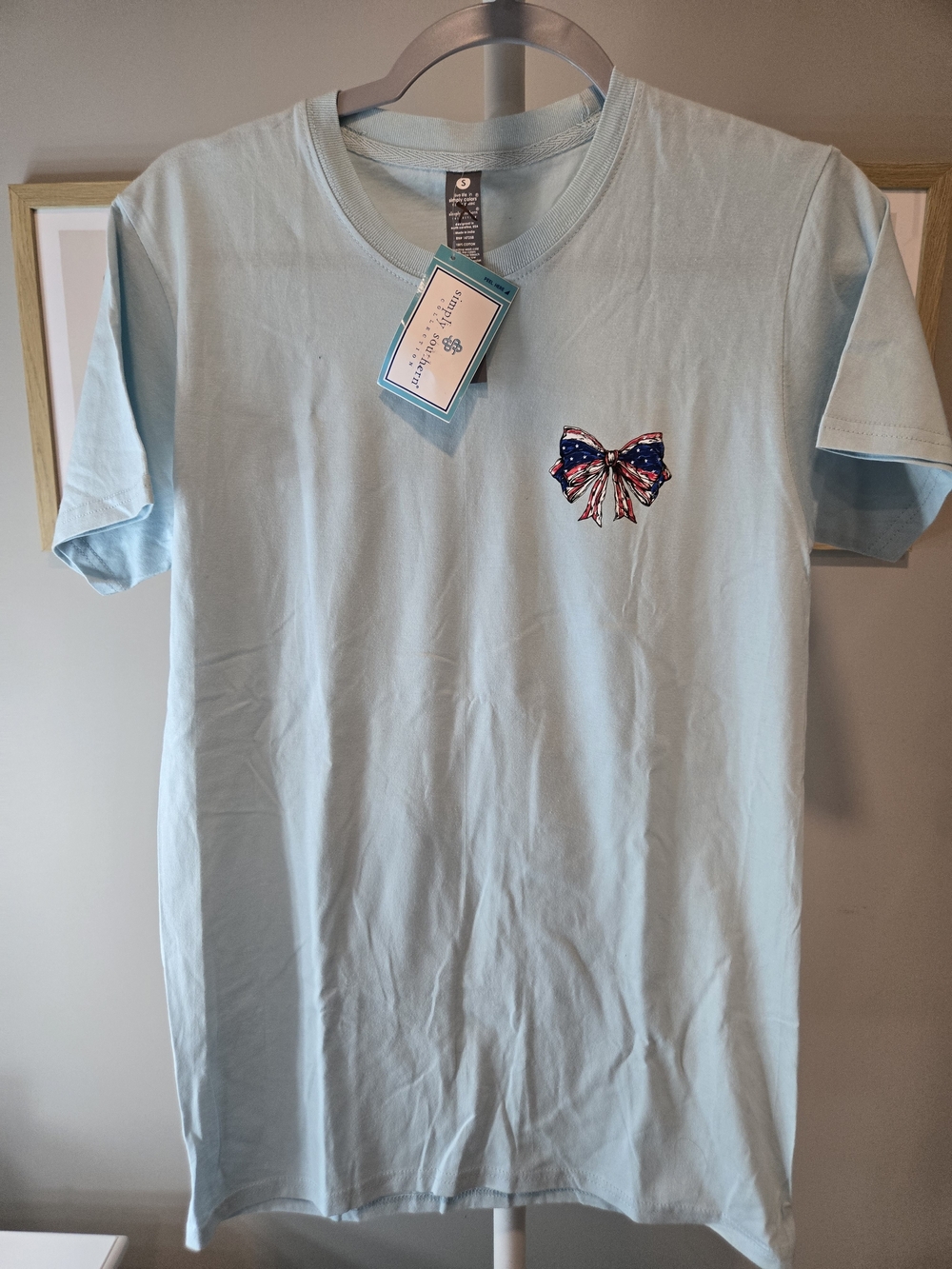 NWT Simply Southern Americana Light Blue Short Sleeve Tee with Patriotic Bow